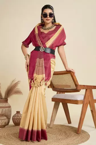 Solid Contrast Temple Border Raw Silk Saree with Striped Zari Woven Detail