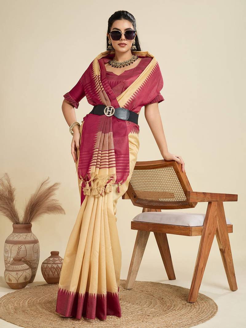 Solid Contrast Temple Border Raw Silk Saree with Striped Zari Woven Detail