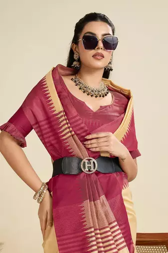 Solid Contrast Temple Border Raw Silk Saree with Striped Zari Woven Detail