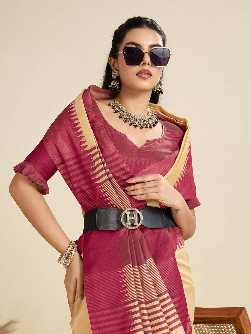 Solid Contrast Temple Border Raw Silk Saree with Striped Zari Woven Detail