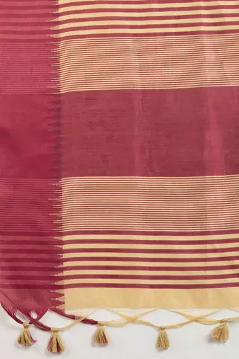 Solid Contrast Temple Border Raw Silk Saree with Striped Zari Woven Detail
