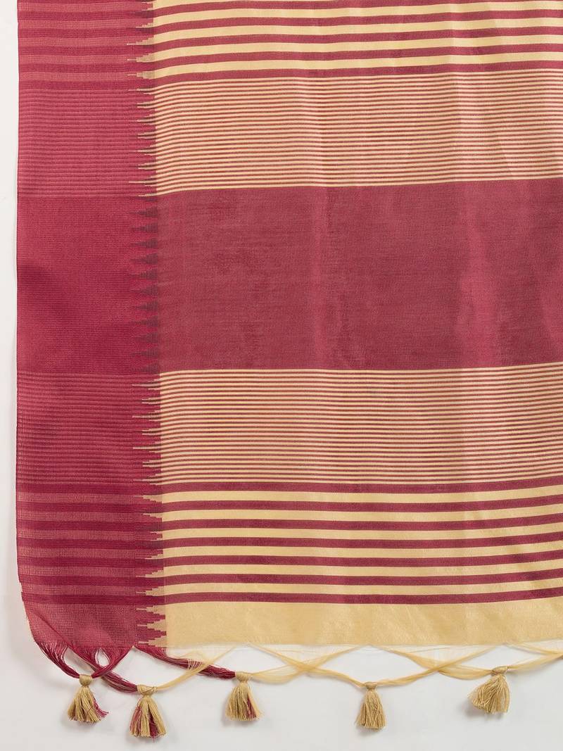 Solid Contrast Temple Border Raw Silk Saree with Striped Zari Woven Detail