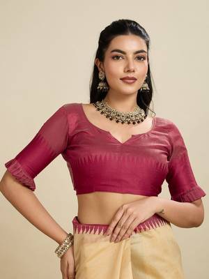 Solid Contrast Temple Border Raw Silk Saree with Striped Zari Woven Detail 7