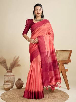 Solid Contrast Temple Border Raw Silk Saree with Striped Zari Woven Detail 1