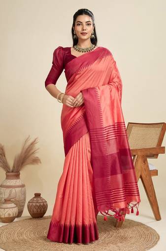 Solid Contrast Temple Border Raw Silk Saree with Striped Zari Woven Detail