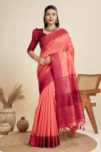 Solid Contrast Temple Border Raw Silk Saree with Striped Zari Woven Detail