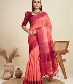 Solid Contrast Temple Border Raw Silk Saree with Striped Zari Woven Detail