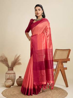 Solid Contrast Temple Border Raw Silk Saree with Striped Zari Woven Detail 2