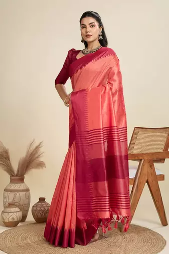 Solid Contrast Temple Border Raw Silk Saree with Striped Zari Woven Detail