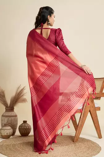 Solid Contrast Temple Border Raw Silk Saree with Striped Zari Woven Detail
