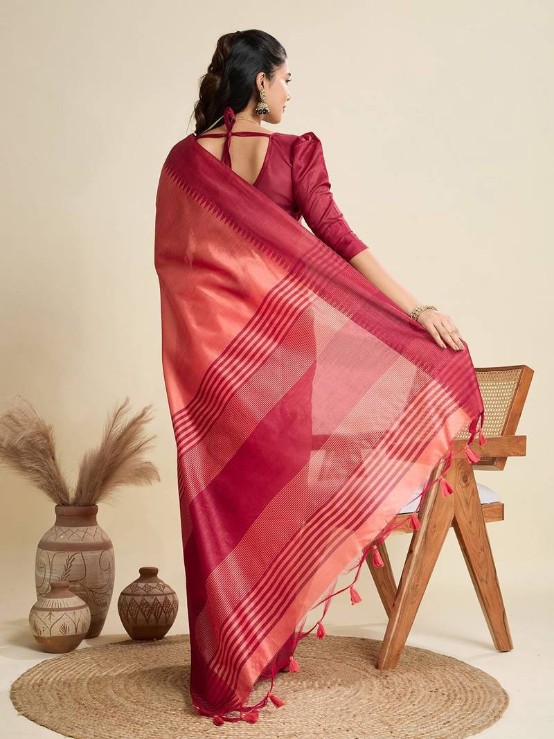 Solid Contrast Temple Border Raw Silk Saree with Striped Zari Woven Detail