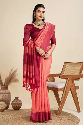 Solid Contrast Temple Border Raw Silk Saree with Striped Zari Woven Detail