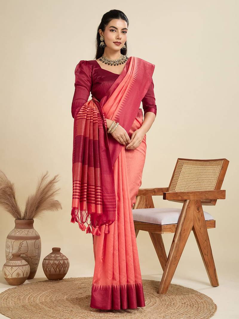 Solid Contrast Temple Border Raw Silk Saree with Striped Zari Woven Detail