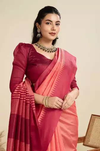 Solid Contrast Temple Border Raw Silk Saree with Striped Zari Woven Detail