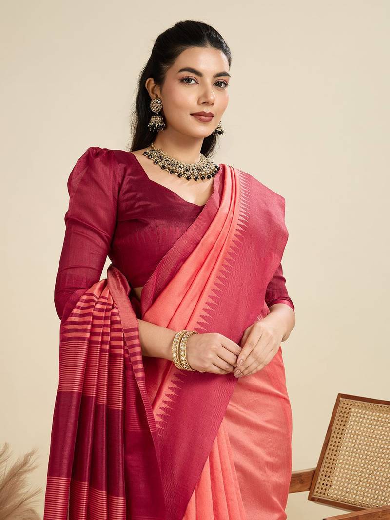 Solid Contrast Temple Border Raw Silk Saree with Striped Zari Woven Detail