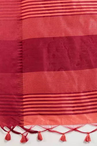 Solid Contrast Temple Border Raw Silk Saree with Striped Zari Woven Detail