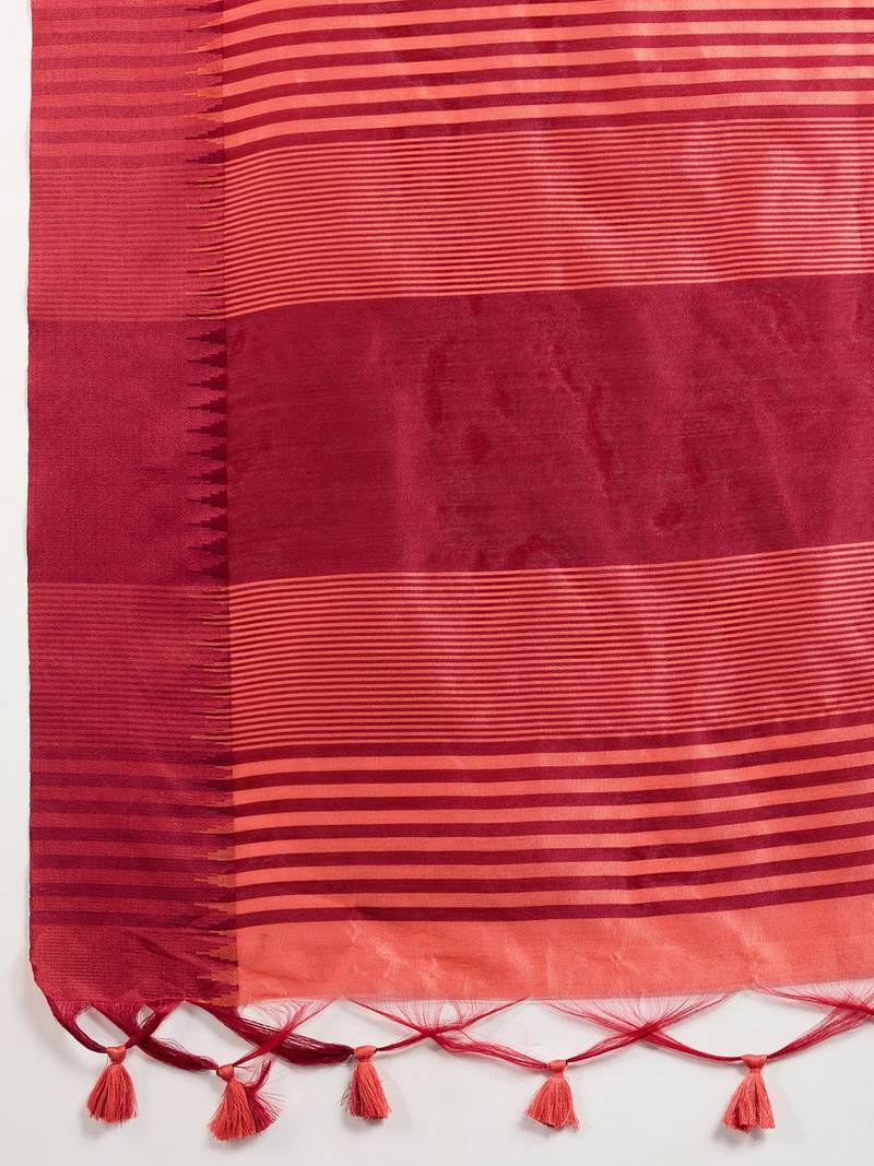 Solid Contrast Temple Border Raw Silk Saree with Striped Zari Woven Detail