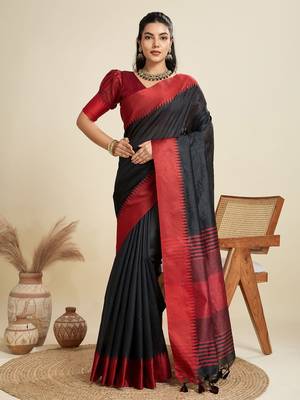 Solid Contrast Temple Border Raw Silk Saree with Striped Zari Woven Detail 1