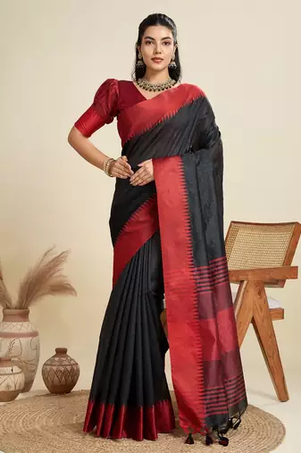 Solid Contrast Temple Border Raw Silk Saree with Striped Zari Woven Detail