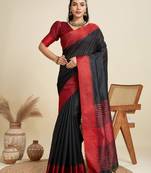 Solid Contrast Temple Border Raw Silk Saree with Striped Zari Woven Detail