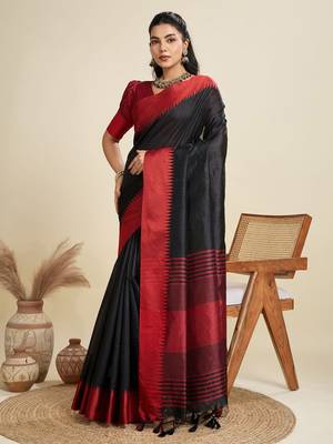 Solid Contrast Temple Border Raw Silk Saree with Striped Zari Woven Detail 2