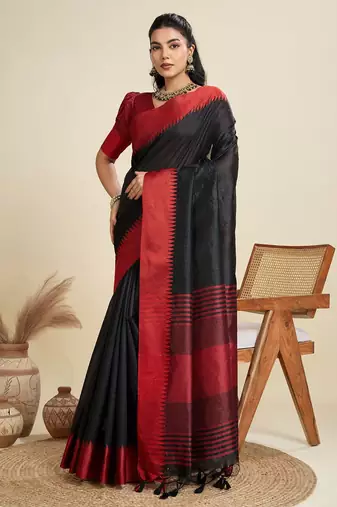 Solid Contrast Temple Border Raw Silk Saree with Striped Zari Woven Detail
