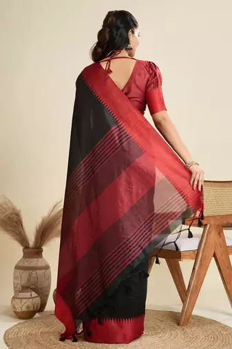Solid Contrast Temple Border Raw Silk Saree with Striped Zari Woven Detail