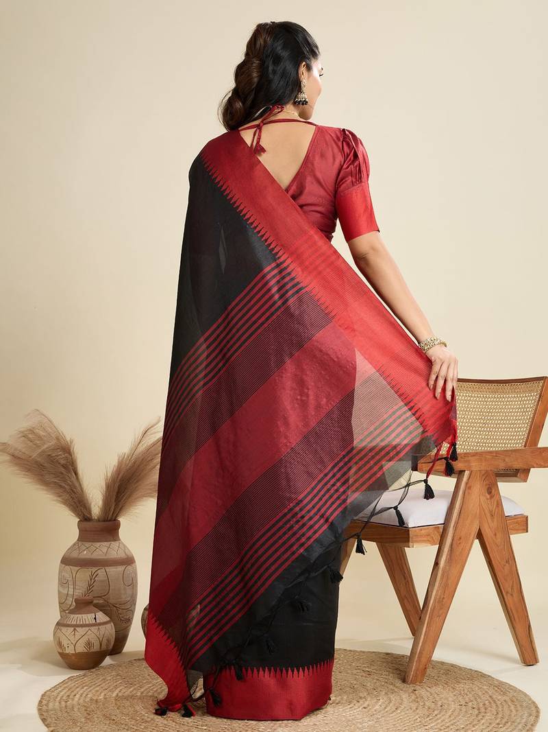 Solid Contrast Temple Border Raw Silk Saree with Striped Zari Woven Detail