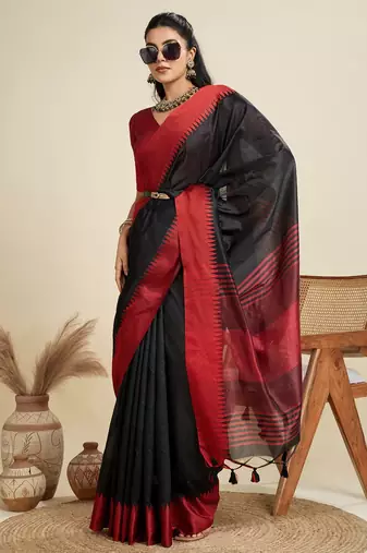 Solid Contrast Temple Border Raw Silk Saree with Striped Zari Woven Detail