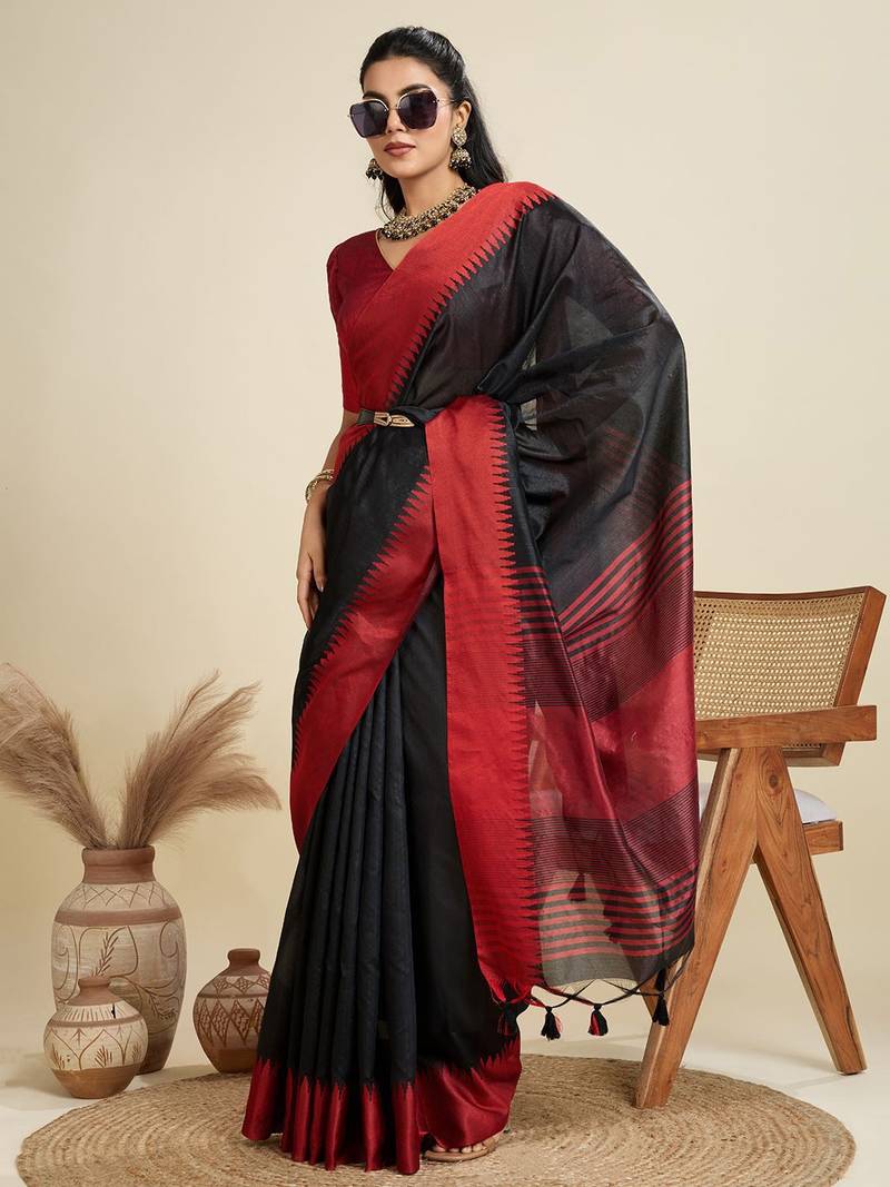 Solid Contrast Temple Border Raw Silk Saree with Striped Zari Woven Detail