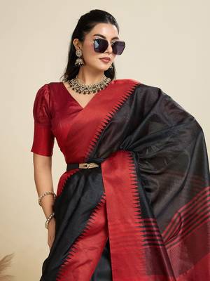 Solid Contrast Temple Border Raw Silk Saree with Striped Zari Woven Detail 5