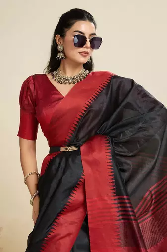 Solid Contrast Temple Border Raw Silk Saree with Striped Zari Woven Detail