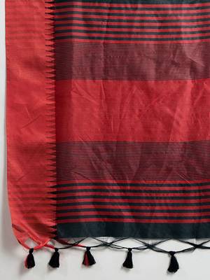 Solid Contrast Temple Border Raw Silk Saree with Striped Zari Woven Detail 6