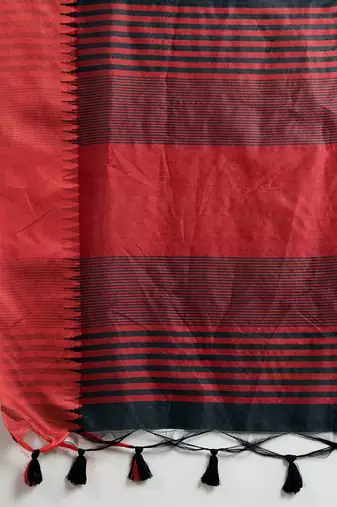 Solid Contrast Temple Border Raw Silk Saree with Striped Zari Woven Detail