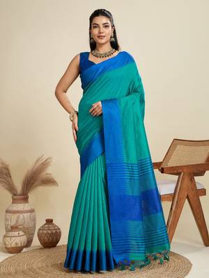 Solid Contrast Temple Border Raw Silk Saree with Striped Zari Woven Detail 1