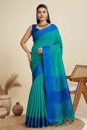 Solid Contrast Temple Border Raw Silk Saree with Striped Zari Woven Detail