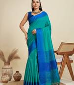 Solid Contrast Temple Border Raw Silk Saree with Striped Zari Woven Detail
