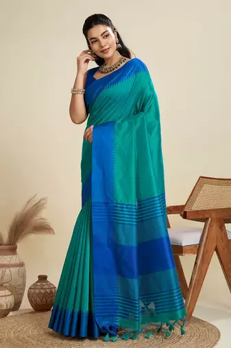 Solid Contrast Temple Border Raw Silk Saree with Striped Zari Woven Detail