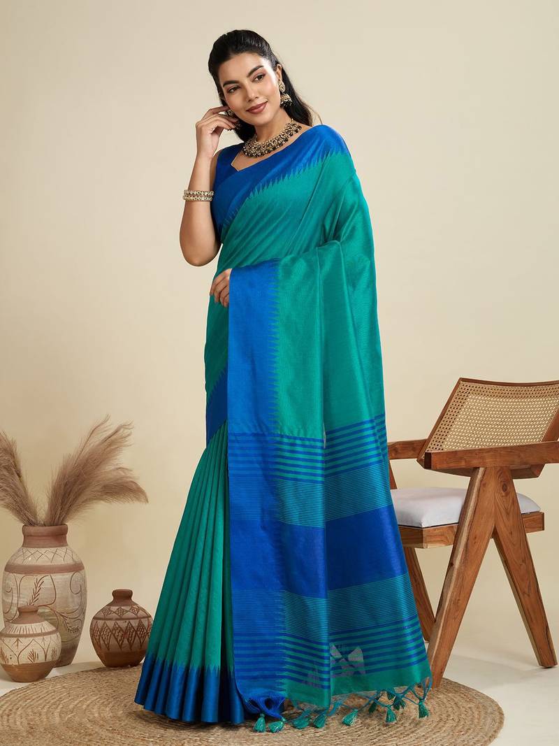 Solid Contrast Temple Border Raw Silk Saree with Striped Zari Woven Detail