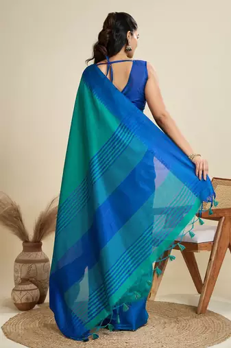 Solid Contrast Temple Border Raw Silk Saree with Striped Zari Woven Detail