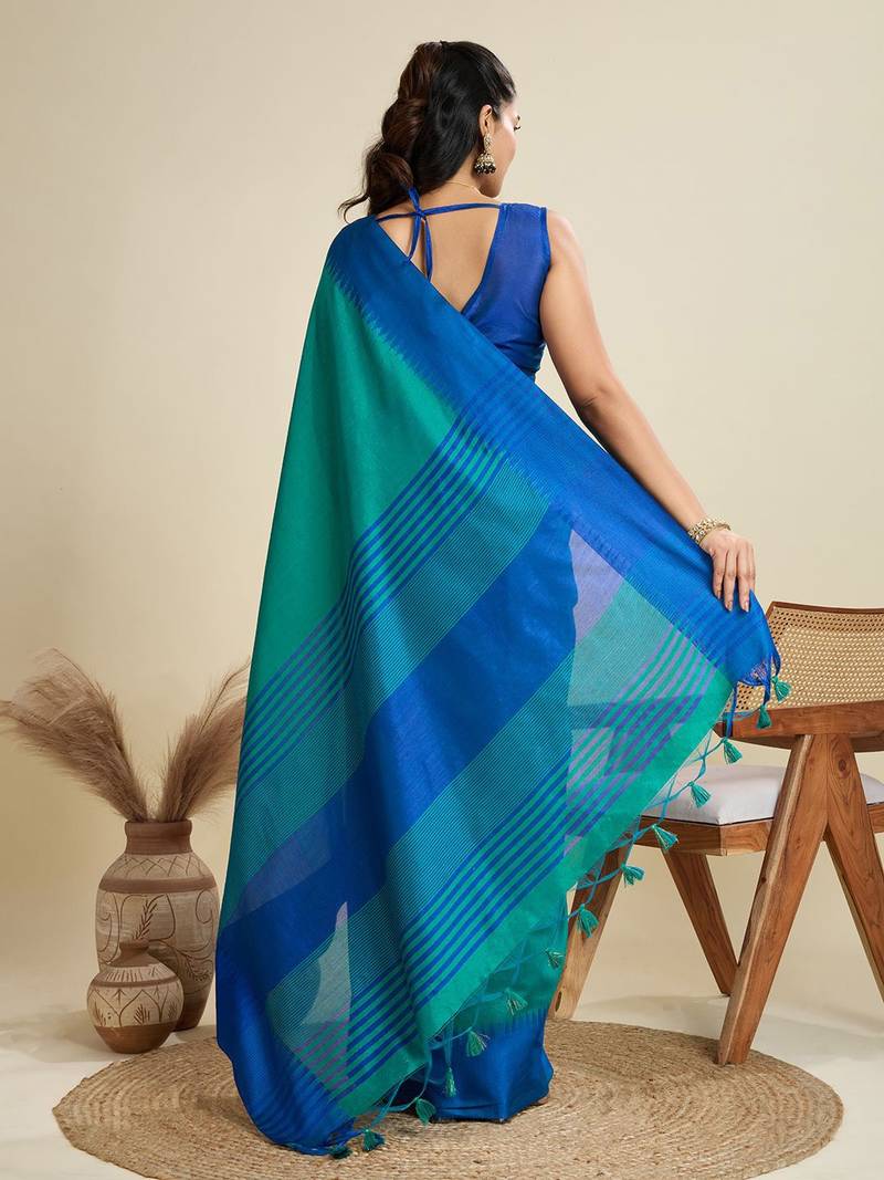 Solid Contrast Temple Border Raw Silk Saree with Striped Zari Woven Detail