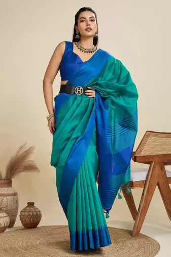 Solid Contrast Temple Border Raw Silk Saree with Striped Zari Woven Detail