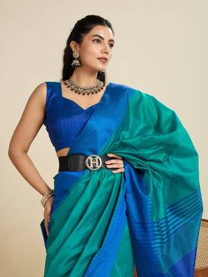 Solid Contrast Temple Border Raw Silk Saree with Striped Zari Woven Detail 5