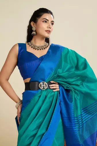 Solid Contrast Temple Border Raw Silk Saree with Striped Zari Woven Detail