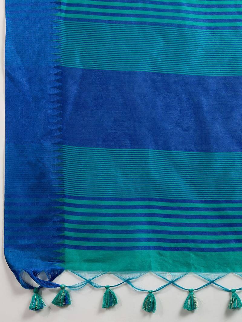 Solid Contrast Temple Border Raw Silk Saree with Striped Zari Woven Detail