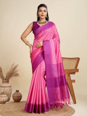 Solid Contrast Temple Border Raw Silk Saree with Striped Zari Woven Detail 1
