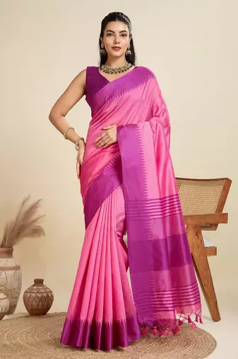 Solid Contrast Temple Border Raw Silk Saree with Striped Zari Woven Detail