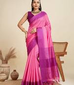 Solid Contrast Temple Border Raw Silk Saree with Striped Zari Woven Detail