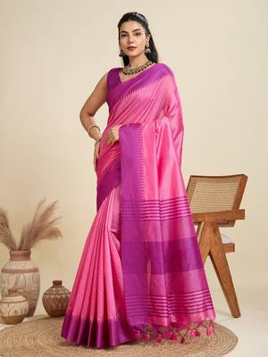 Solid Contrast Temple Border Raw Silk Saree with Striped Zari Woven Detail 2
