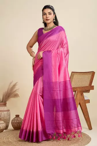 Solid Contrast Temple Border Raw Silk Saree with Striped Zari Woven Detail